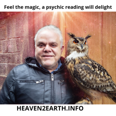 Man with owl promoting psychic reading service.